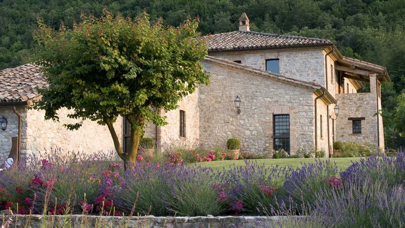 Villa Subtilia enjoys a spectacular view of the Monte Tezio valley.
