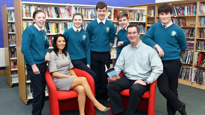 Shane Moran, psychologist and school chaplain, with staff and students at Largy College, Clones, Co Monaghan.