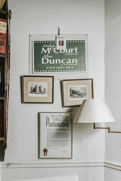 Memorabilia from Malachy McCourt's time in New York, including a poster when he ran for governor of New York. Photograph: Haruka Sakaguchi/The New York Time