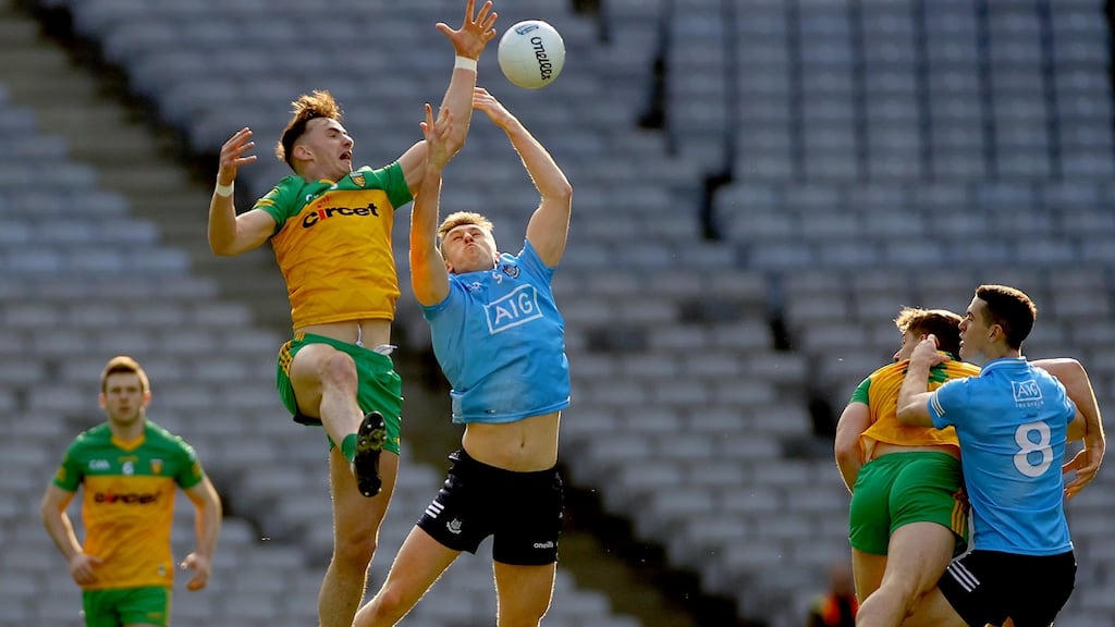 Donegal’s Jason McGee and Tom Lahiff of Dublin during the league clash at Parnell Park this year. Photograph; James Crombie/Inpho