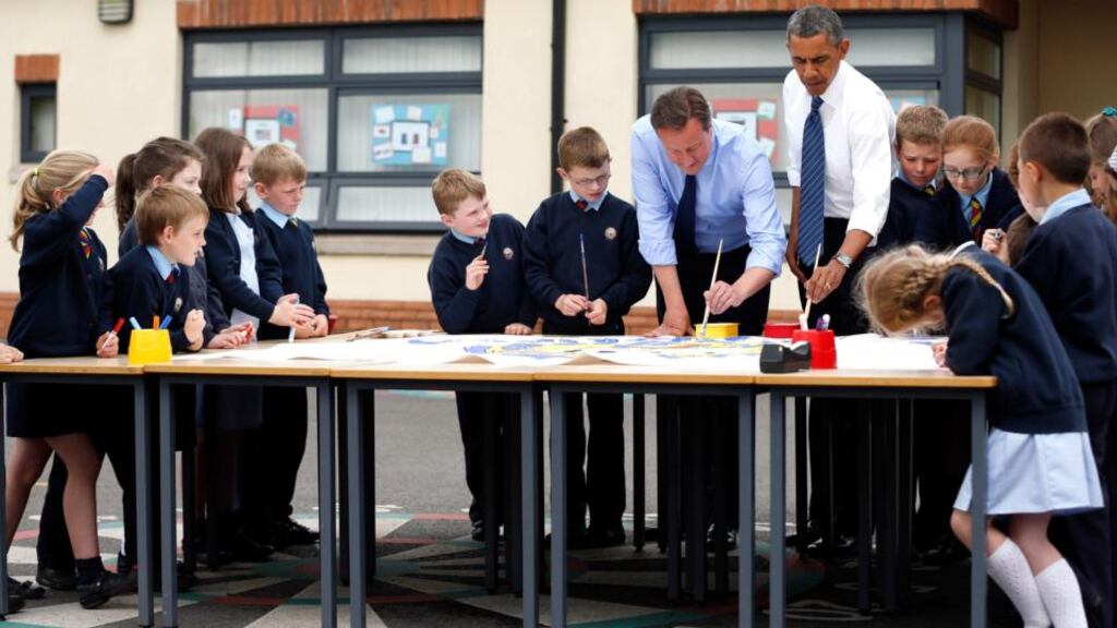 US president Barack Obama and British prime minister David Cameron during a visit to Enniskillen Integrated Primary School when both leaders were attending the G8 summit in the North last year.