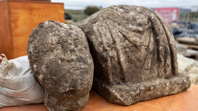 Parts of Roman statues uncovered at the dig site at St Mary’s Church, Stoke Mandeville. Photograph: HS2/PA Wire