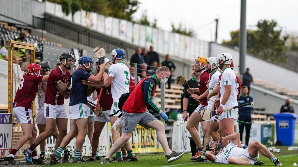 A brief ‘shemozzle’ during the Kilkenny SHC semi-final last September between Dicksboro and O’Loughlin Gaels. A ‘shemozzle’ is a level below ‘all hell breaking loose’. Photograph: Inpho