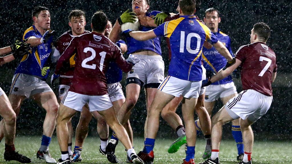 Longford’s Michael Brady contests a high ball in their O’Byrne Cup match with Westmeath. Photo: Inpho