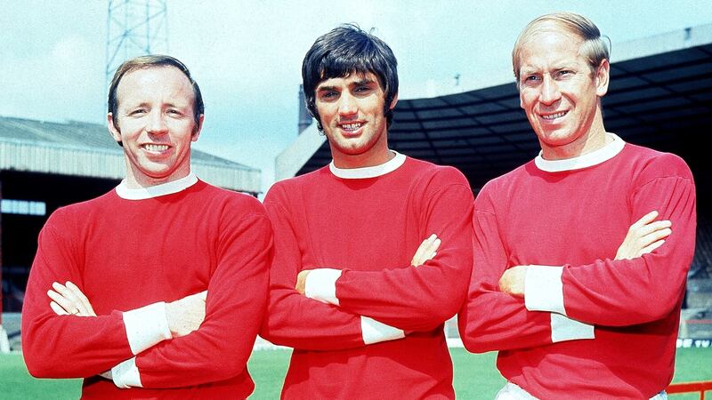 Nobby Stiles, George Best and Bobby Charlton of Manchester United pose for the cameras at Old Trafford two months after winning the 1968 European Cup. Photo: Allsport Hulton/Archive