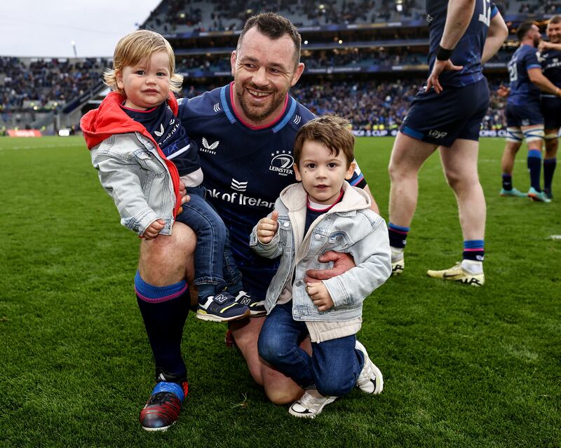 Leinster's Cian Healy celebrates with his sons Russell and Beau after the Champions Cup semi-final victory over Northampton Saints at Croke Park. Photograph: Ben Brady/Inpho
