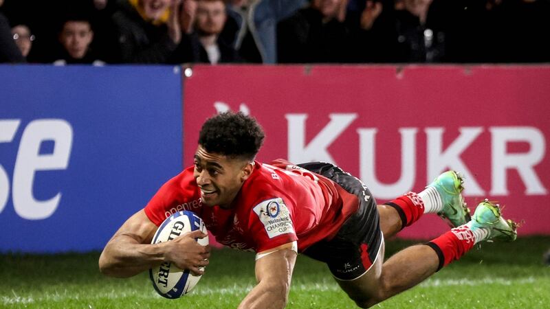 Robert Baloucoune dives to score for Ulster. Photograph: Billy Stickland/Inpho