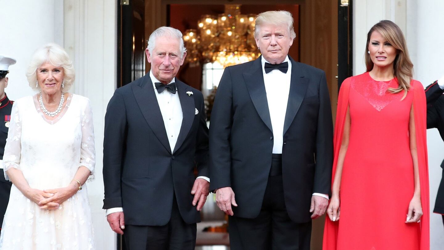 The Prince of Wales and the Duchess of Cornwall are greeted by US president Donald Trump and his wife Melania outside Winfield House, the residence of the Ambassador of the United States of America to the UK, in Regent’s Park, London. Photograph: Chris Jackson/PA Wire