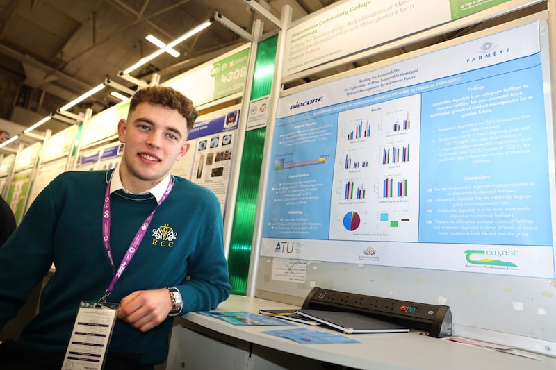 Sean Allen from Roscommon Community College with his project, Rooting for Sustainability; An Exploration of More Sustainable Grassland Nutrient Management for a Greener Future.
Photograph: Dara Mac Dónaill