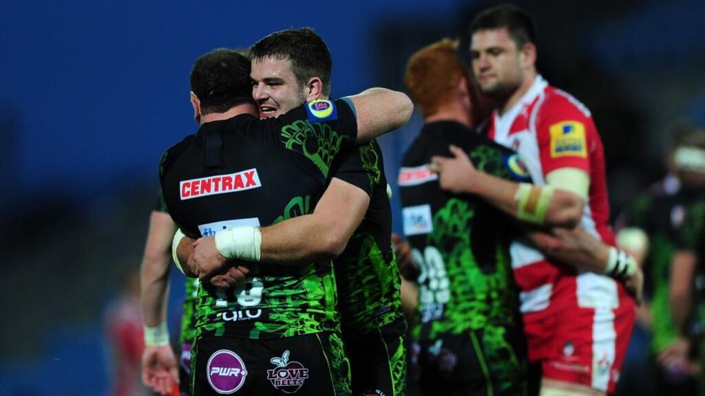 Jerry Sexton embraces teammate Greg Bateman after Exeter Chiefs’ LV= Cup win over Gloucester at Sandy Park. Photograph: Dan Mullan/Getty Images