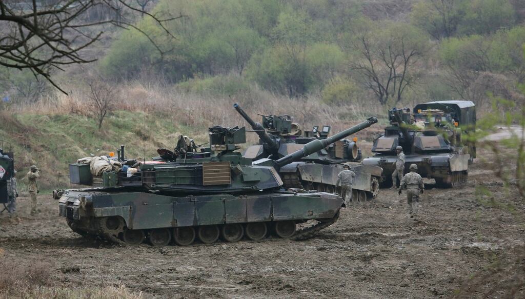 US army tanks conduct a military exercise in Paju, near the border with North Korea, in South Korea on Friday, April 14th. Photograph: Ahn Young-joon
