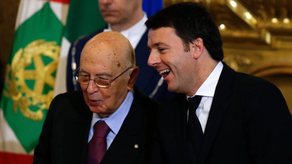 Newly appointed Italian prime minister Matteo Renzi (right) talks with Italian president Giorgio Napolitano during the swearing in ceremony for 16 new ministers at Quirinale palace in Rome today. Photograph: Remo Casilli/Reuters