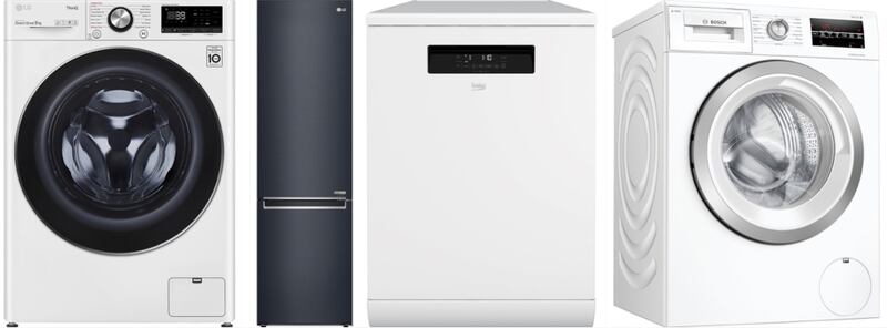Left to right: 1. LG TurboWash 360 F6V1009WTSE 9kg 1600 spin washing machine, 2. LG Centum GBB92MCBAP 70/30 fridge freezer, 3. Beko HygieneShield DEN36X30W full-size dishwasher, 4. Bosch Serie 6 i-DOS WAU28S80GB 8kg 1400 spin washing machine