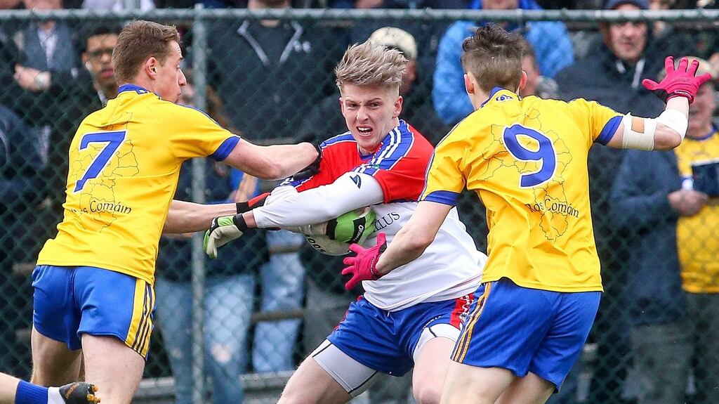 New York’s Luke Loughlin is closed down by Roscommon’s Niall McInerney (left) and Cathal Compton during Connacht SFC clash at Gaelic Park in the Bronx, New York on Sunday. Photograph: Ed Mulholland/Inpho