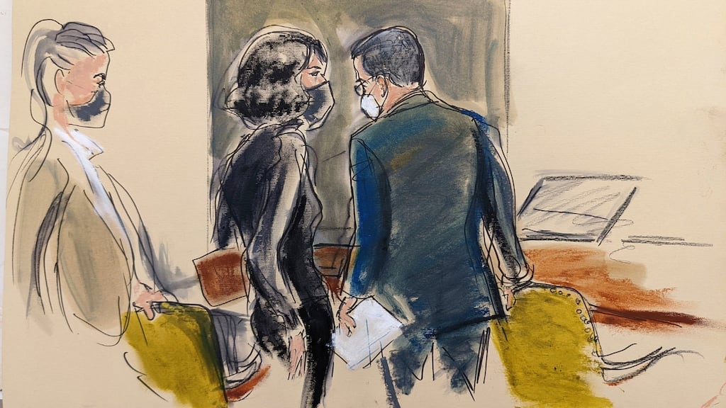Ghislaine Maxwell (centre) speaks to her defence attorney Christian Everdell after judge Alison Nathan read a jury note requesting the testimony of three accusers, during Ms Maxwell’s sex trafficking trial in New York on Tuesday. Photograph: Elizabeth Williams/AP