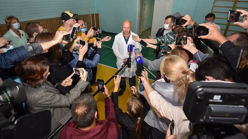 A deputy head of emergency medical care, Anatoly Kalinichenko informs journalists about the current condition of Alexei Navalny in Omsk, Russia on August 20th. Photograph: Maxim Karlayev/EPA