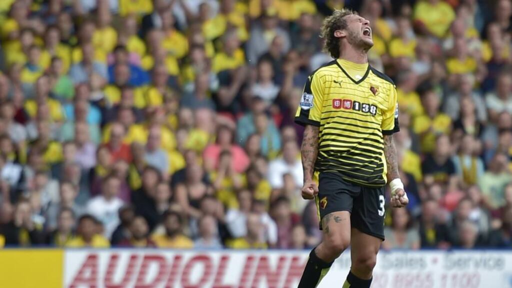 George Byers reacts after missing a chance in Watford’s goalless draw with Southampton at Vicarage Road. Photograph: Afp