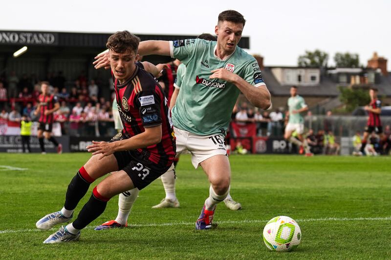 Bohemians' Archie Meekison and Derry's Hayden Cann. Photograph: James Lawlor/Inpho