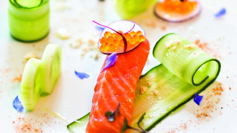 Organic salmon, trout roe, pickled cucumber and dill oil at Aniar restaurant in Galway, from Celebrating Irish Salmon, by Máirín Uí Chomáin. Photograph: Julia Dunin