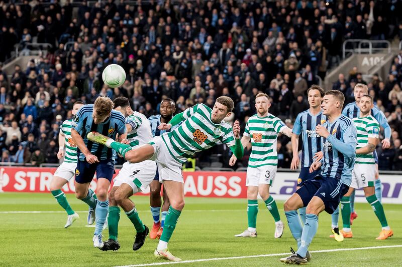 Europa Conference League Group F, Tele2 Arena, Stockholm, Sweden. Djurgardens IF vs Shamrock Rovers. Seán Gannon of Shamrock Rovers competes for the ball. File photograph: Stella Pictures/Magnus Liljegren