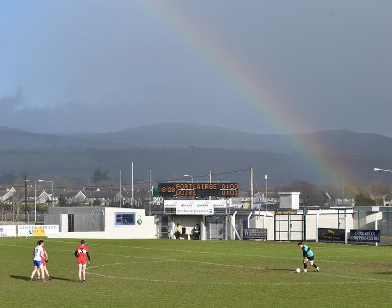 Derry goalkeeper Thomas Mallon prepares to take a kick-out during their Division 4 win over Waterford in 2019. Current midfielder Brendan Rogers is the Derry full-back. Photograph: Joe Clarke