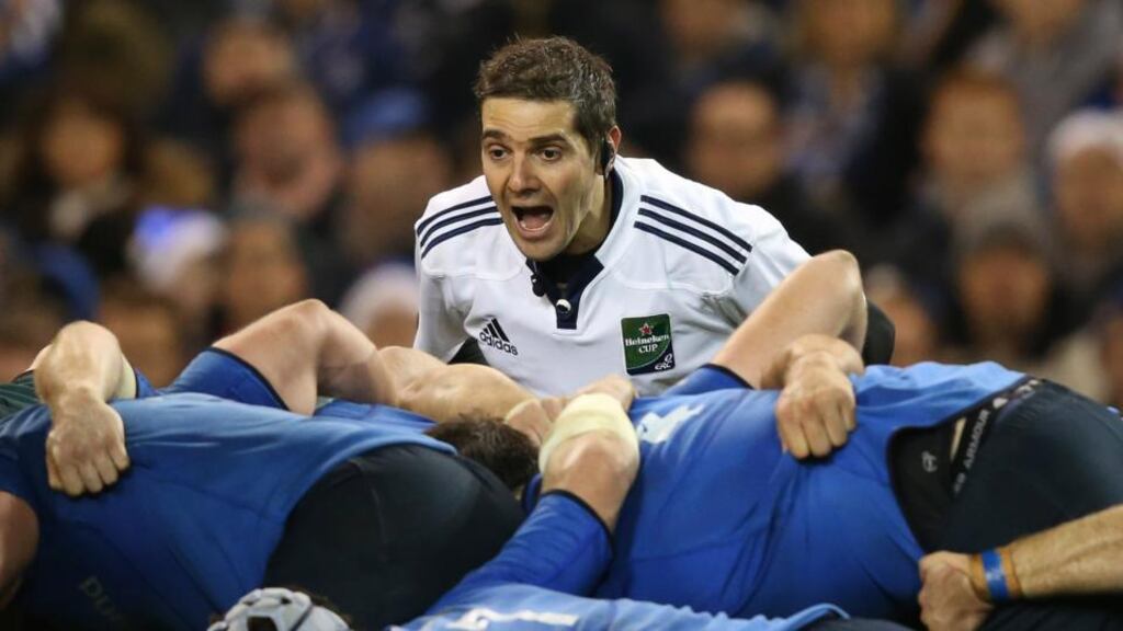 French referee Jerome Garces during the Heineken Cup clash between Leinster and Northampton at the Aviva Stadium in 2013. Garces will also referee Saturday’s pivotal match against Wasps. Photograph: Billy Stickland/Inpho