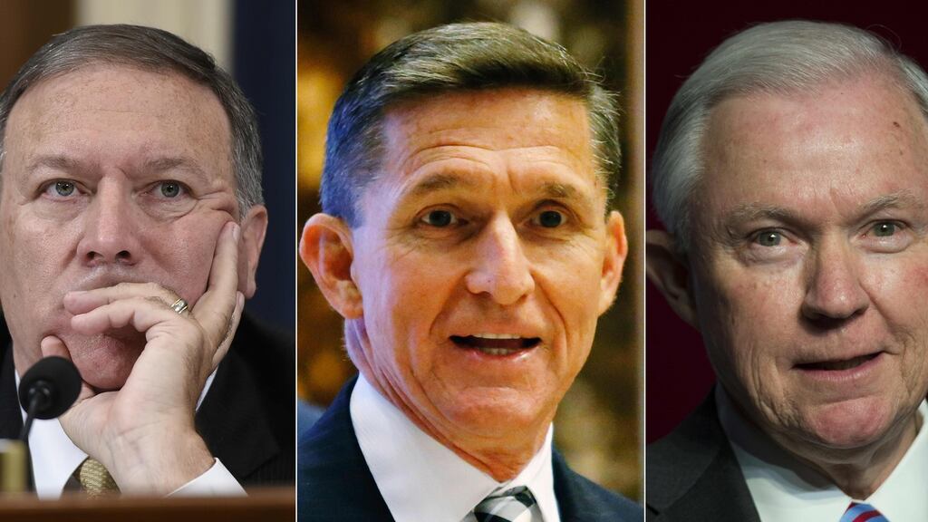 Three new faces in the Trump administration are US Representative from Kansas Mike Pompeo, retired lieutenant general Michael Flynn, and Senator Jeff Sessions. Photograph: AFP/Getty Images