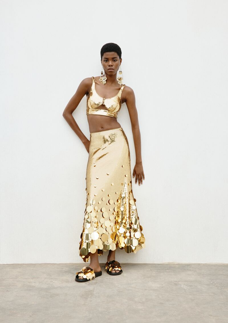 H&M x Rabanne: Gold glitter top (€69.99) and skirt (€199)