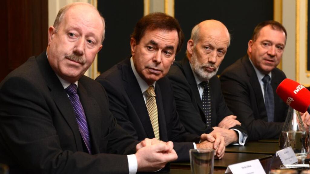 Garda Commissioner Martin Callinan, Minister for Justice Alan Shatter, Northern Ireland Minister for Justice David Ford and PSNI Chief Constable Matt Baggott in Dublin yesterday. Photograph: Cyril Byrne