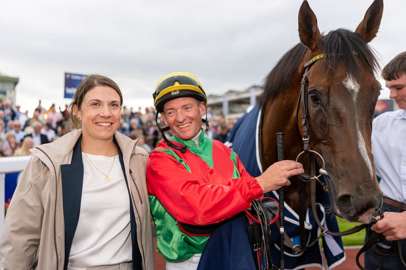 Trainer Natalia Lupini and jockey Seamie Heffernan after winning the Colm Quinn BMW Mile at Ballybrit. Photograph: Morgan Treacy/Inpho