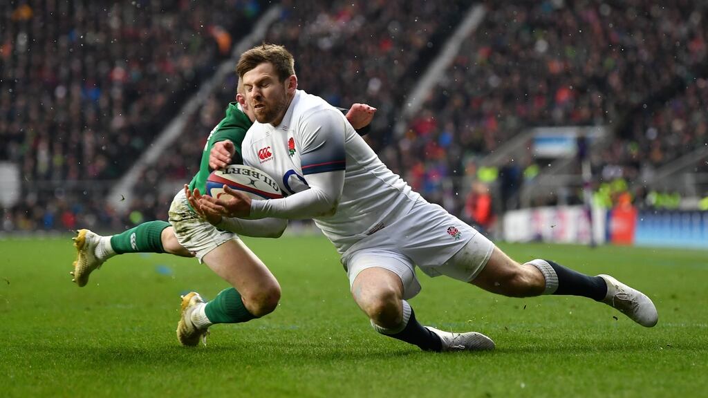 England’s Elliot Daly scores his side’s first try against Ireland in the Six Nations tournament at Twickenham Stadium on March 17, 2018. Photograph: Dan Mullan/Getty Images