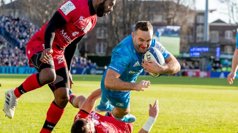 Dave Kearney scores a try in Leinster’s Heineken Champions Cup victory over Lyon at the RDS in January. Photograph: Morgan Treacy/Inpho