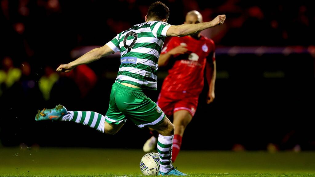 Shamrock Rovers’ Aaron Greene scores his side’s second goal at Tolka Park. Photograph: Ryan Byrne/Inpho