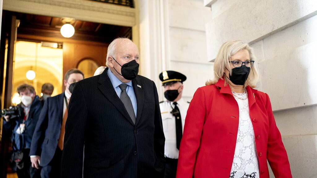 Former US vice-president Dick Cheney and his daughter Liz Cheney, a Republican representative from Wyoming, at the US Capitol in Washington on Thursday. Photograph: Stefani Reynolds/Bloomberg