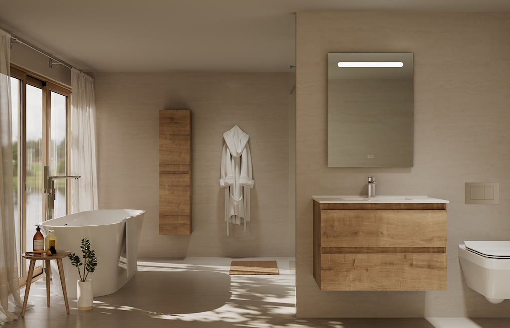 This Japandi-style bathroom from Niko Bathrooms is nature-inspired, yet still clean, simple, and very functional