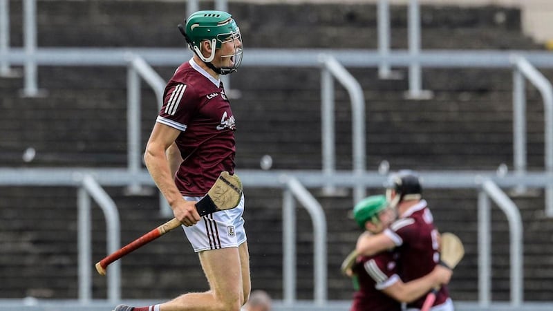 Galway’s Gavin Lee celebrates at the final whistle. Photograph: Lorraine O’Sullivan/Inpho