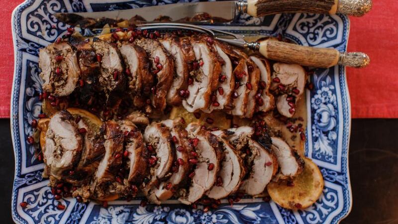 Turkey legs stuffed with nuts, fruit, spice and pomegranate. Photograph: Emma Jervis