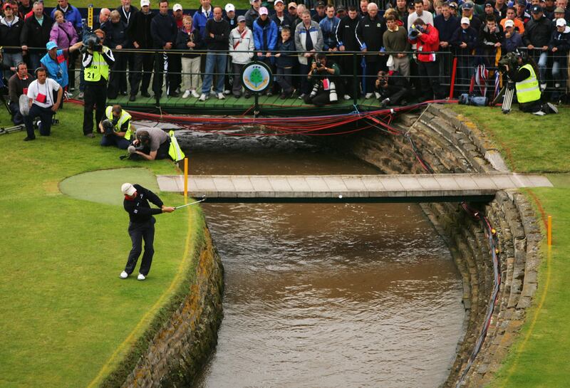 Pádraig Harrington hits his fifth shot on the 18th hole during the final round of The 136th Open Championship at the Carnoustie Golf Club.  Photograph: Warren Little/Getty Images