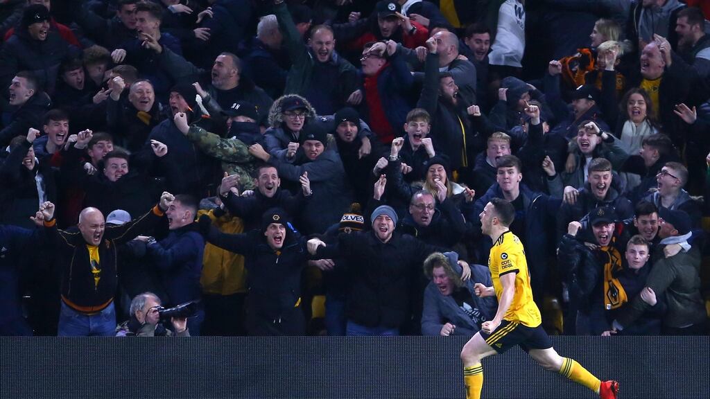 Wolverhampton Wanderers’ Diogo Jota celebrates scoring their second goal during the 2-1 Premier League win over Chelsea. Photo: Geoff Caddick/Reuters
