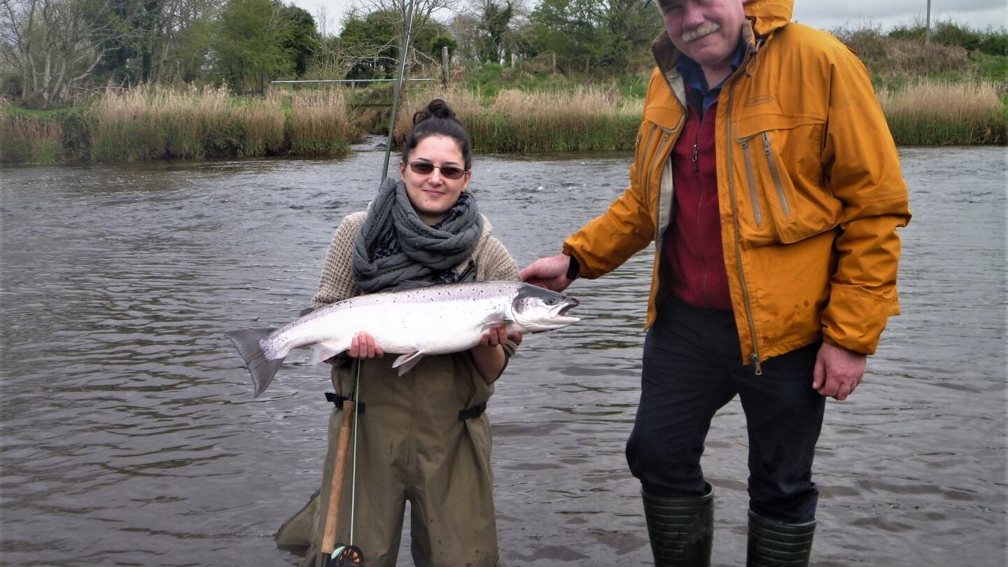 Sophie Berthommier from France with a lovely 4.7kg Moy salmon, guided by Paddy McDonnell