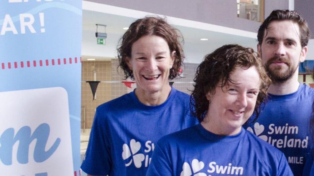 Orna Mulcahy, with Sonia O’Sullivan and fellow Irish Times colleague, Laurence Mackin. Mulcahy’s target was to finish in an hour, but she did a bit better than that. Photograph: Courtesy of Swim Ireland