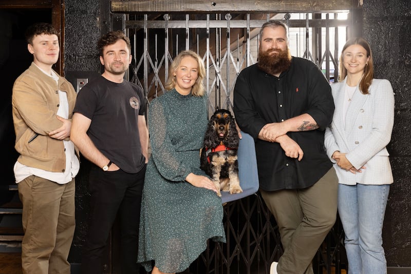 From left, Emmet Mahony, Diageo Ireland insights and planning executive; Gabriel Corcoran, brand manager; Geraldine Joanes, HR director, with Rhubarb the cocker spaniel; Jamie Fulham, planning manager; and Fiona Foulkes, people in culture business partner