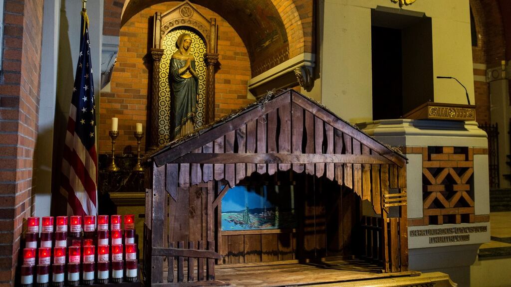 The nativity scene where a baby boy was left at the Church of the Holy Child Jesus, in the Queens borough of New York. Photograph: Kirsten Luce/The New York Times.