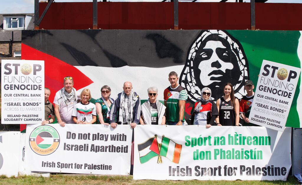 Sports stars join campaigners at Dalymount Park, Dublin, on Thursday to press the Central Bank to have a rethink. Photograph: Tom Maher/INPHO