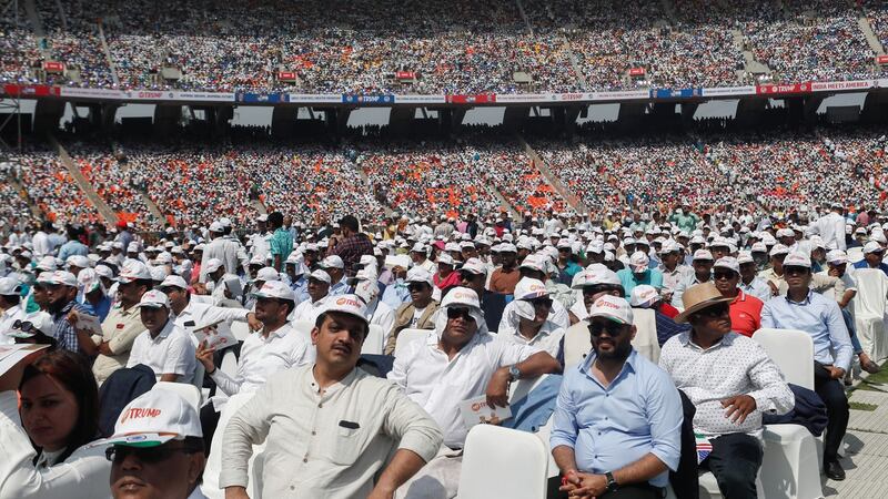 People attend the “Namaste Trump” event at the Sardar Patel stadium in Ahmedabad on Monday. Photograph: Francis Mascarenhas/Reuters