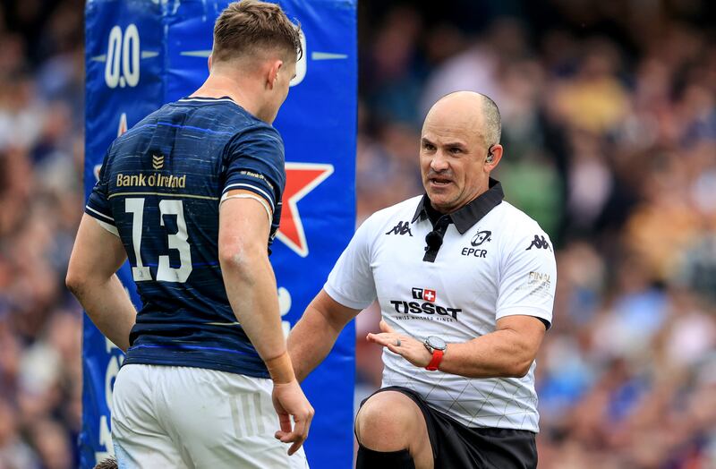 Referee Jaco Peyper with Garry Ringrose of Leinster during the final. Photograph: Dan Sheridan/Inpho