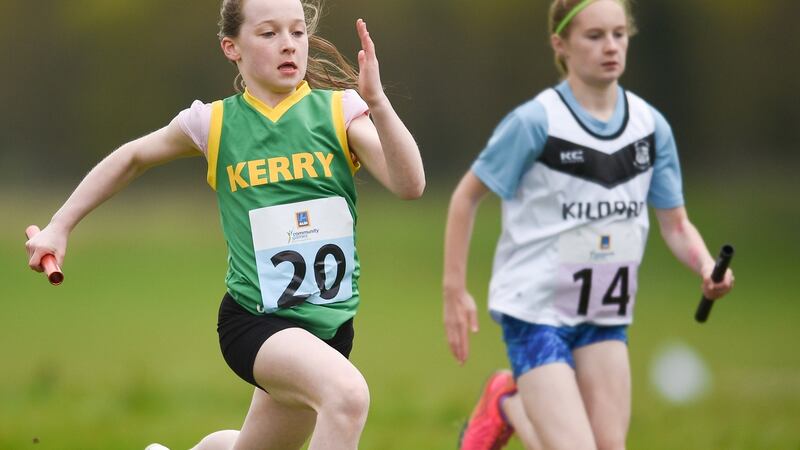 Ellen Kelliher (11) from Castlemaine, Co Kerry, competes in the Girls under-12 Mixed Relay. Photograph: Sportsfile