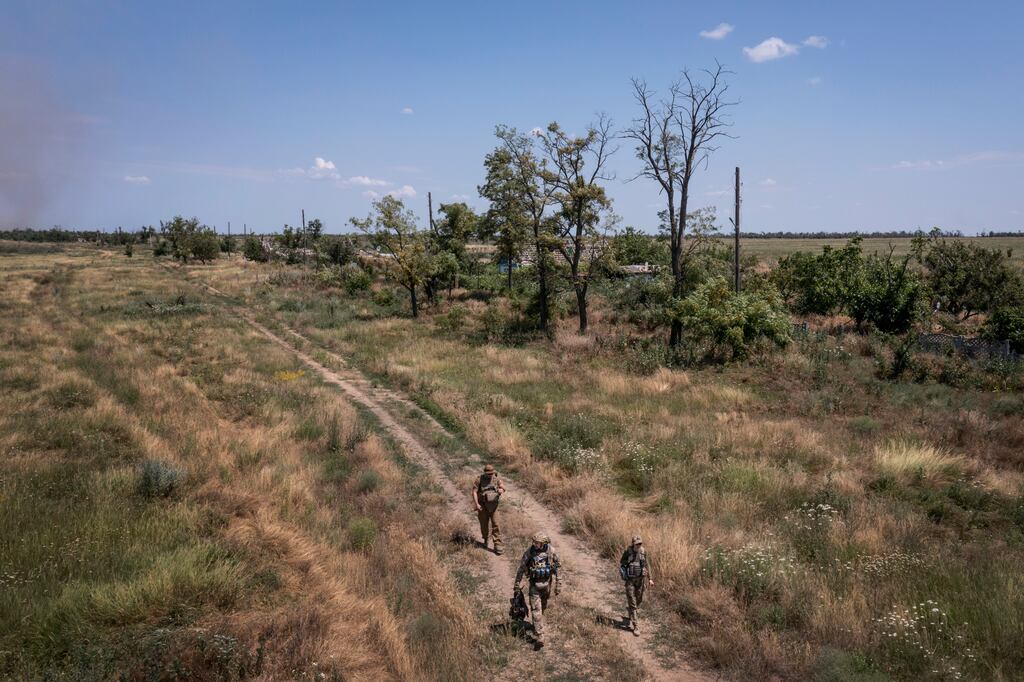 Demining engineers search for human remains in Velyka Oleksandrivka, Kherson region, Ukraine. The second World War has been an ideological battlefield in today’s war in Ukraine, and it is cropping up on the actual battlefield as well. Photograph: David Guttenfelder/New York Times
