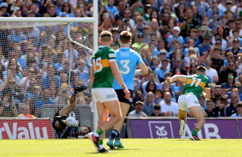 Dublin's goalkeeper Evan Comerford saves Seán O’Shea's penalty. Photograph: James Crombie/Inpho