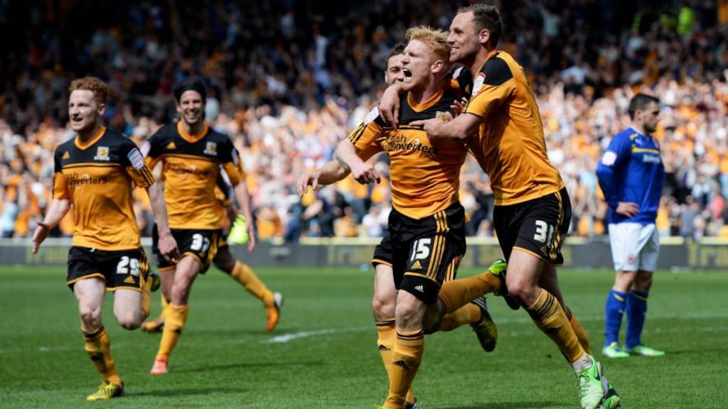 Paul McShane is congratulated by his Hull City and Republic of Ireland team-mate David Meyler after scoring against Cardiff City at the at KC Stadium. Photograph: Gareth Copley/Getty Images